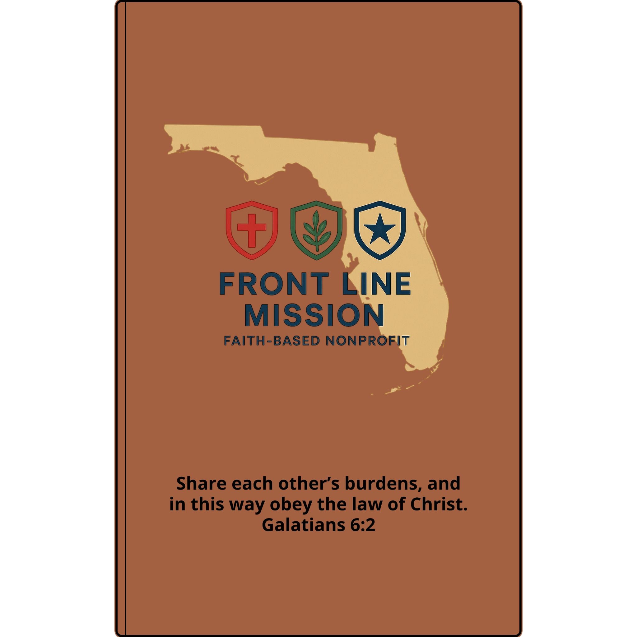 Vegan Leather Journal — Front Line Mission Engraved Faith-Based Notebook (Galatians 6:2)