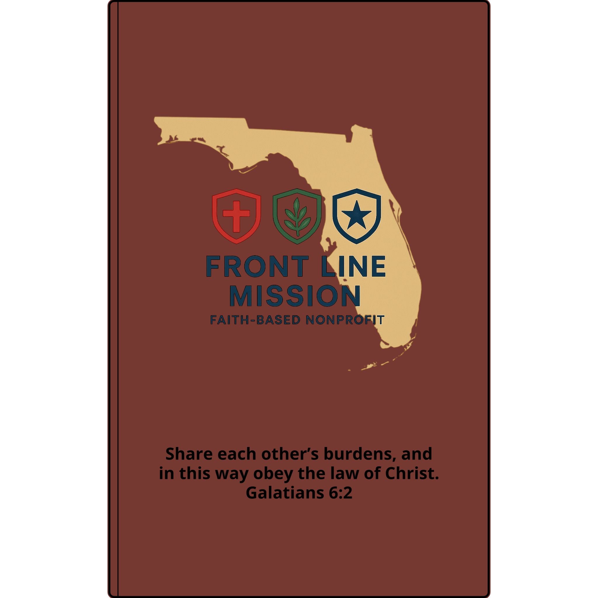 Vegan Leather Journal — Front Line Mission Engraved Faith-Based Notebook (Galatians 6:2)