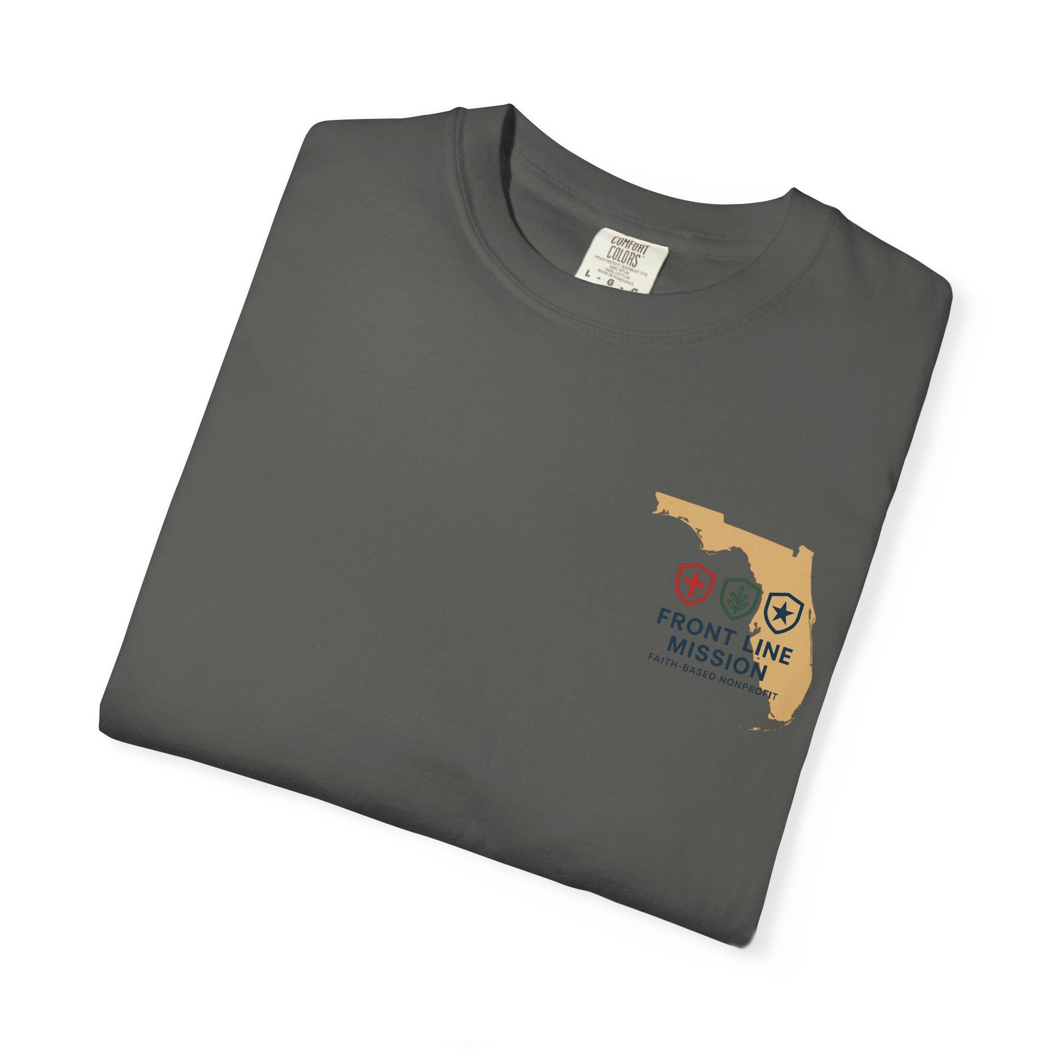 Front Line Mission Christian T-Shirt — ‘Need Pray Tap My Shoulder’ Chest Logo