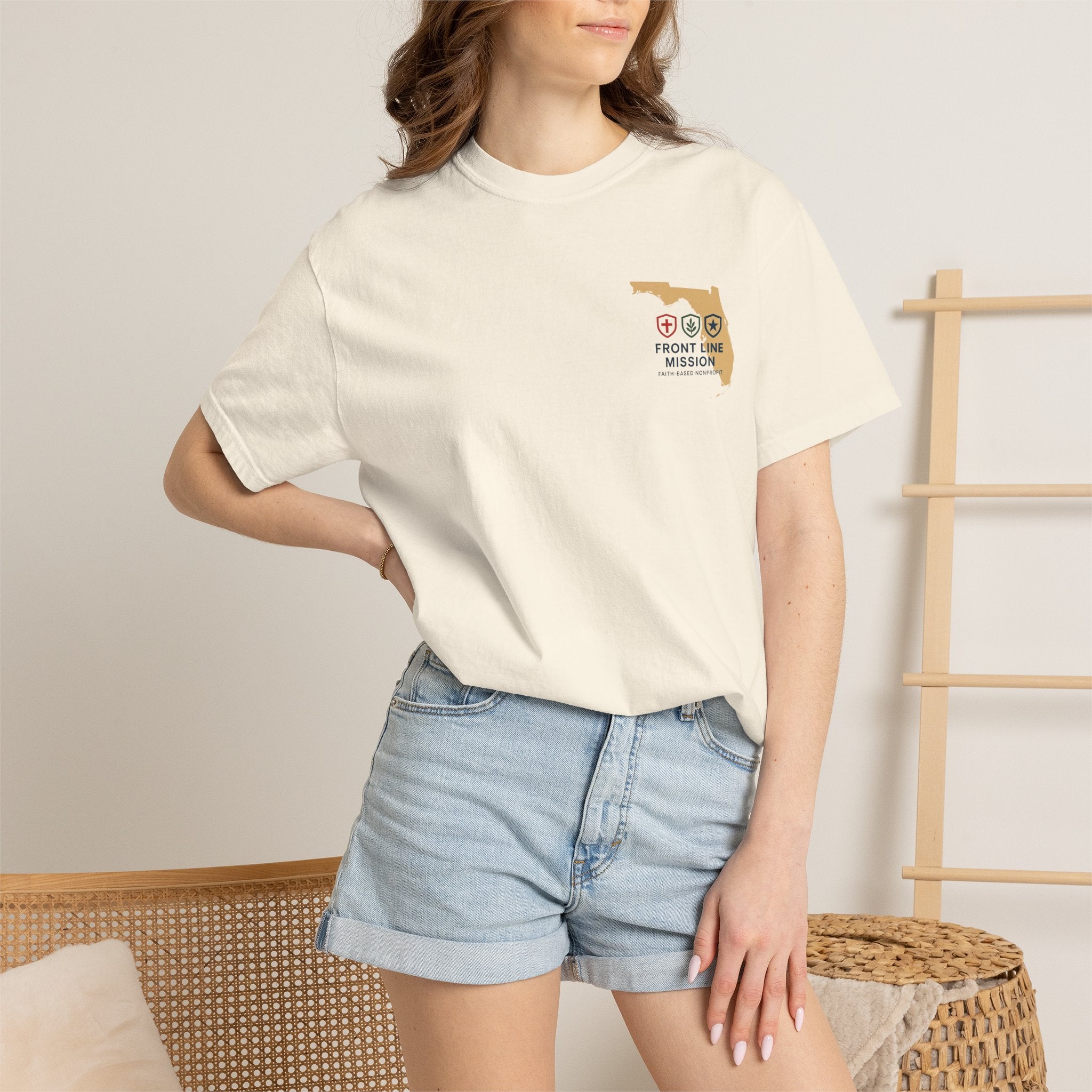 Front Line Mission Christian T-Shirt — ‘Need Pray Tap My Shoulder’ Chest Logo