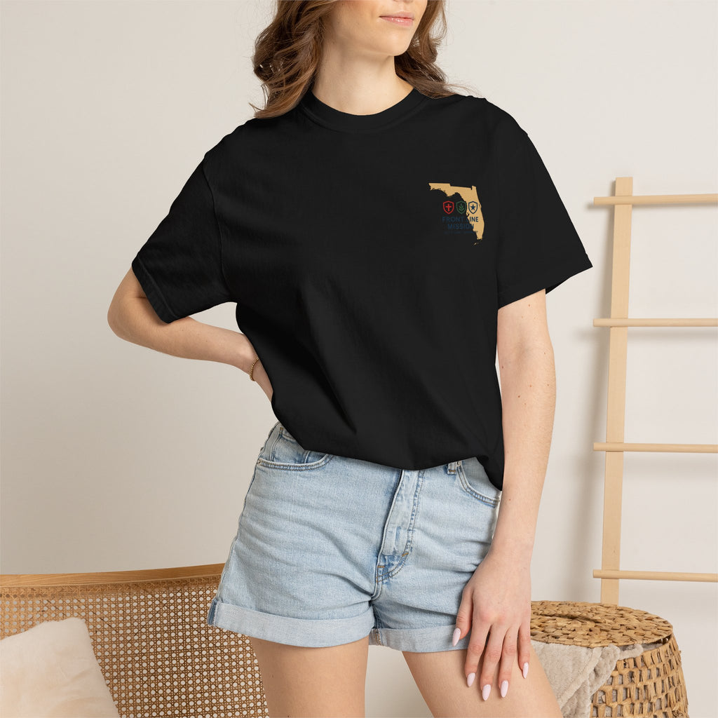 Front Line Mission Christian T-Shirt — ‘Need Pray Tap My Shoulder’ Chest Logo