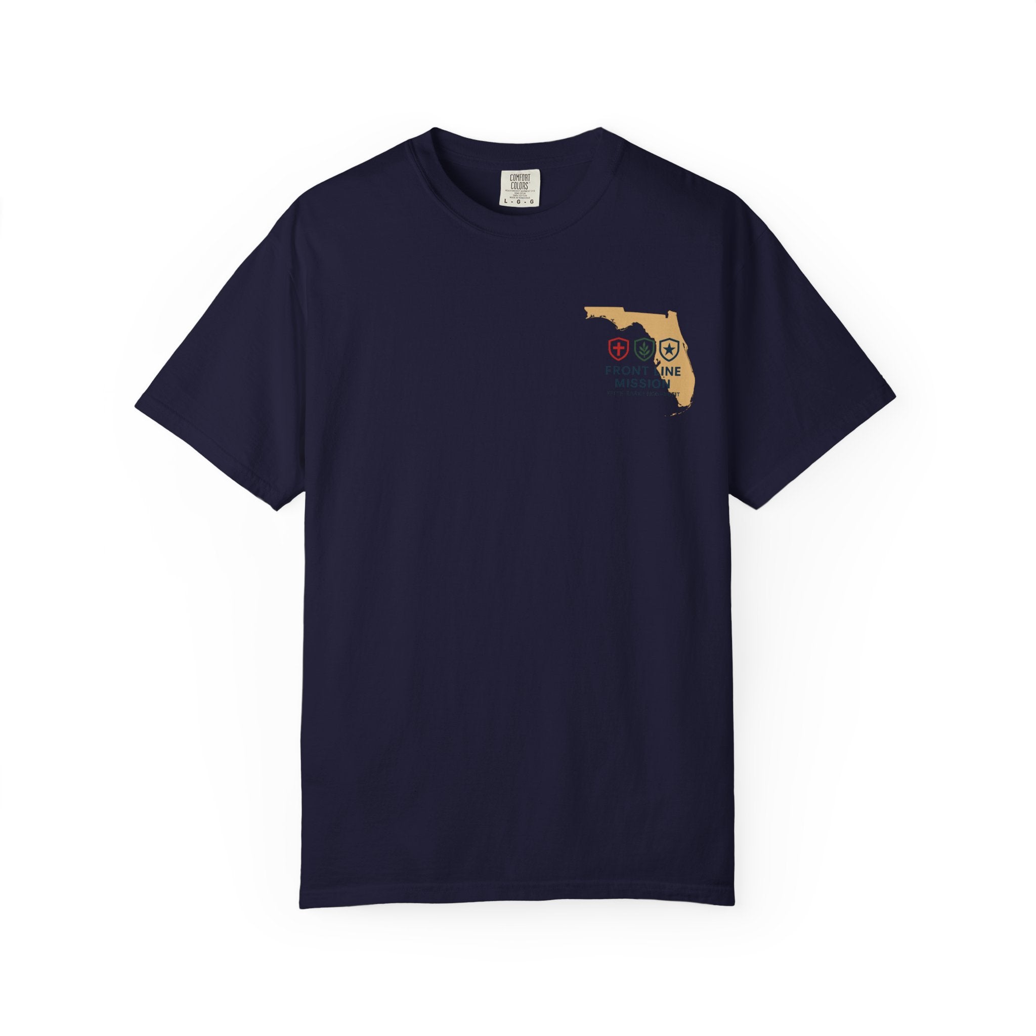 Front Line Mission Christian T-Shirt — ‘Need Pray Tap My Shoulder’ Chest Logo