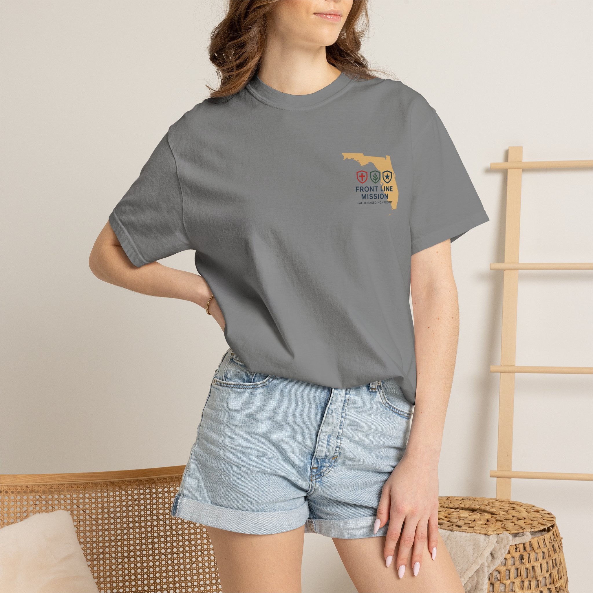 Front Line Mission Christian T-Shirt — ‘Need Pray Tap My Shoulder’ Chest Logo
