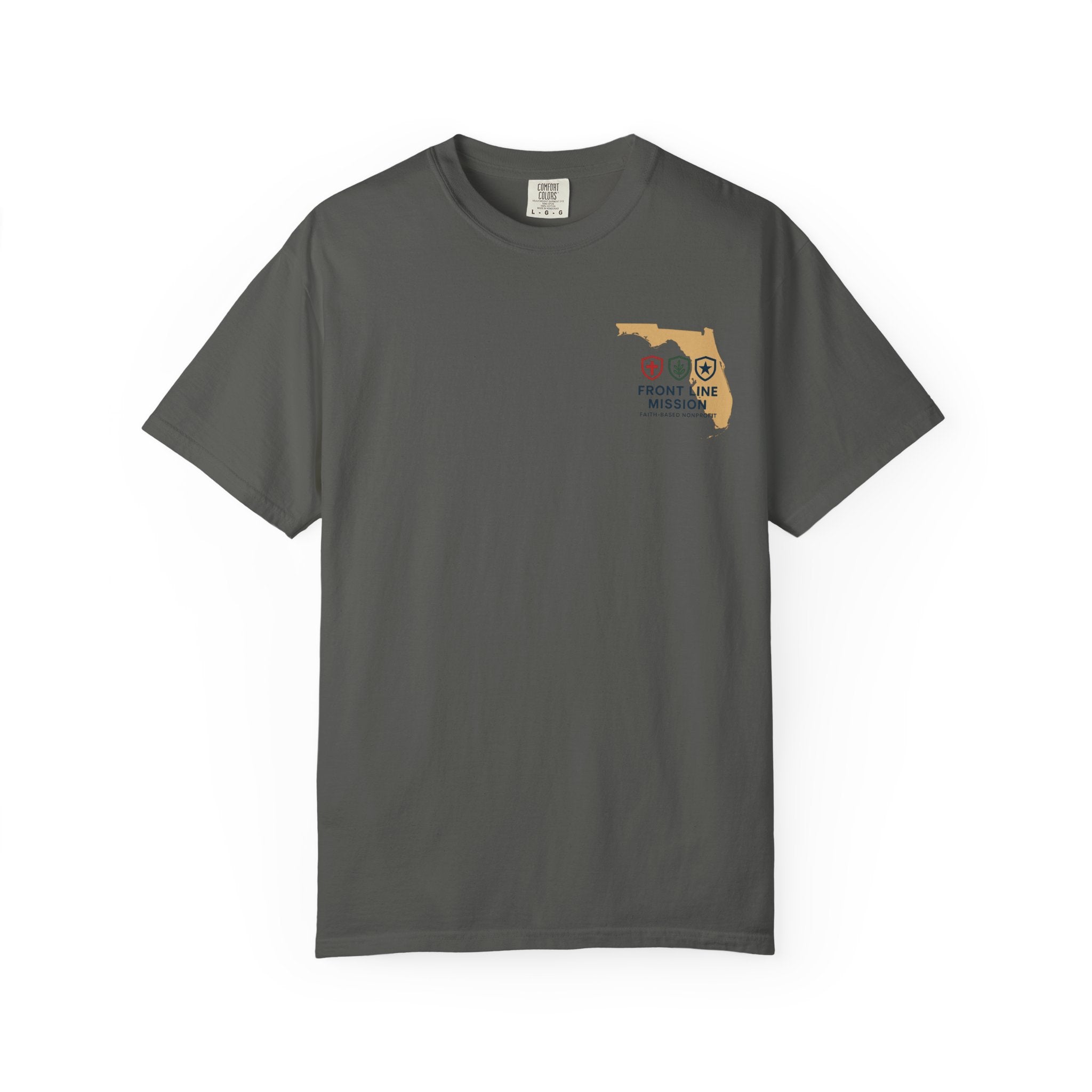Front Line Mission Christian T-Shirt — ‘Need Pray Tap My Shoulder’ Chest Logo