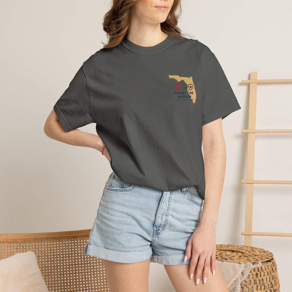 Front Line Mission Christian T-Shirt — ‘Need Pray Tap My Shoulder’ Chest Logo