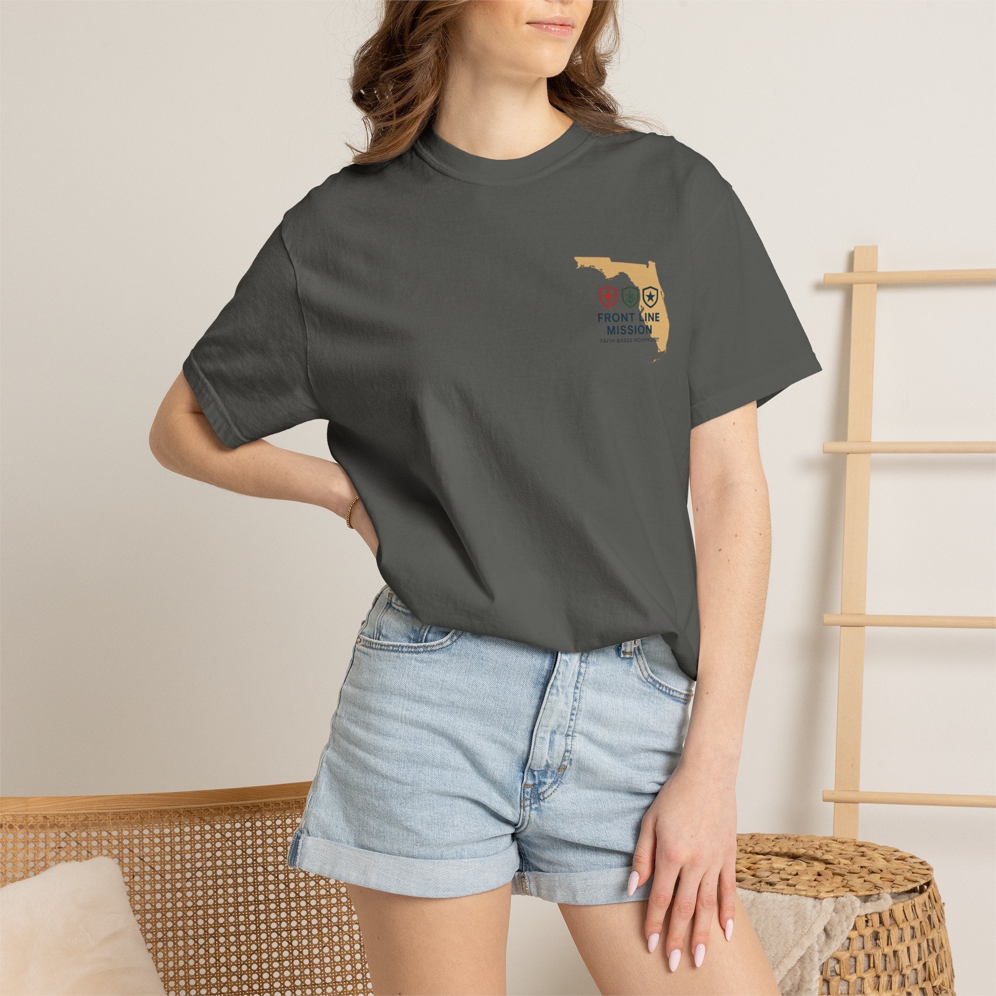 Front Line Mission Christian T-Shirt — ‘Need Pray Tap My Shoulder’ Chest Logo