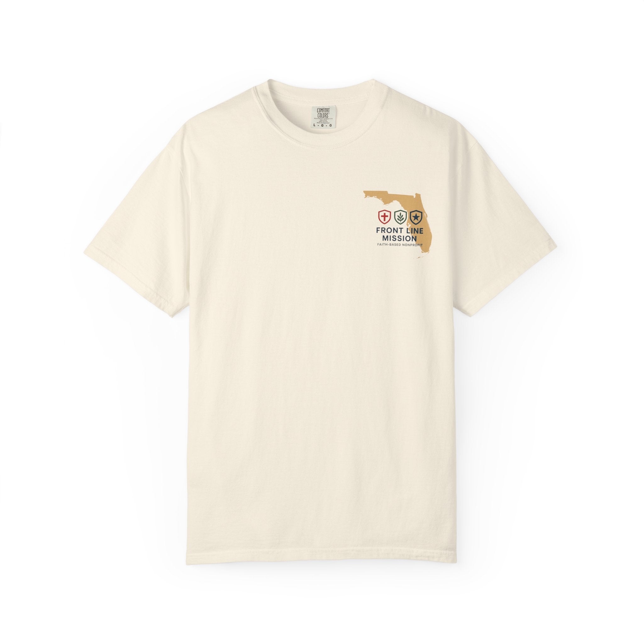 Front Line Mission Christian T-Shirt — ‘Need Pray Tap My Shoulder’ Chest Logo