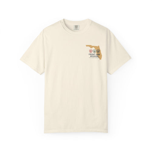 Front Line Mission Christian T-Shirt — ‘Need Pray Tap My Shoulder’ Chest Logo