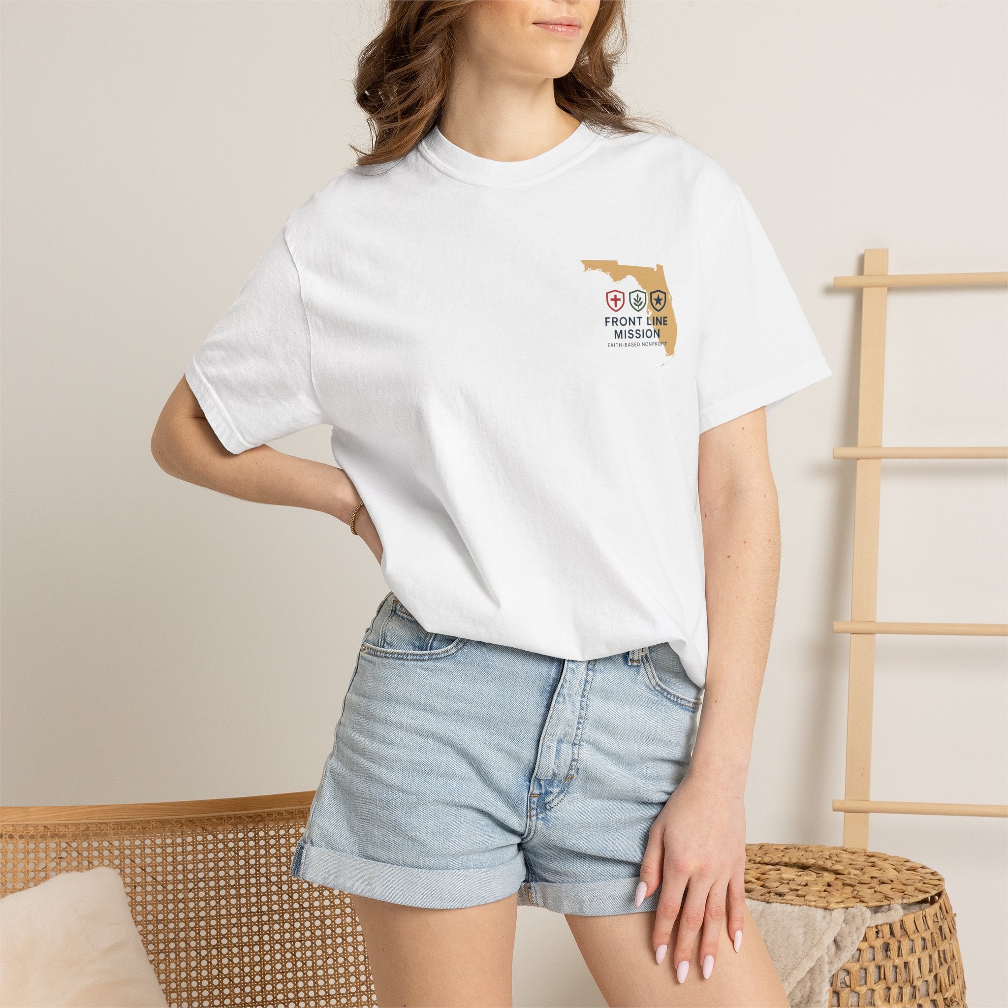 Front Line Mission Christian T-Shirt — ‘Need Pray Tap My Shoulder’ Chest Logo