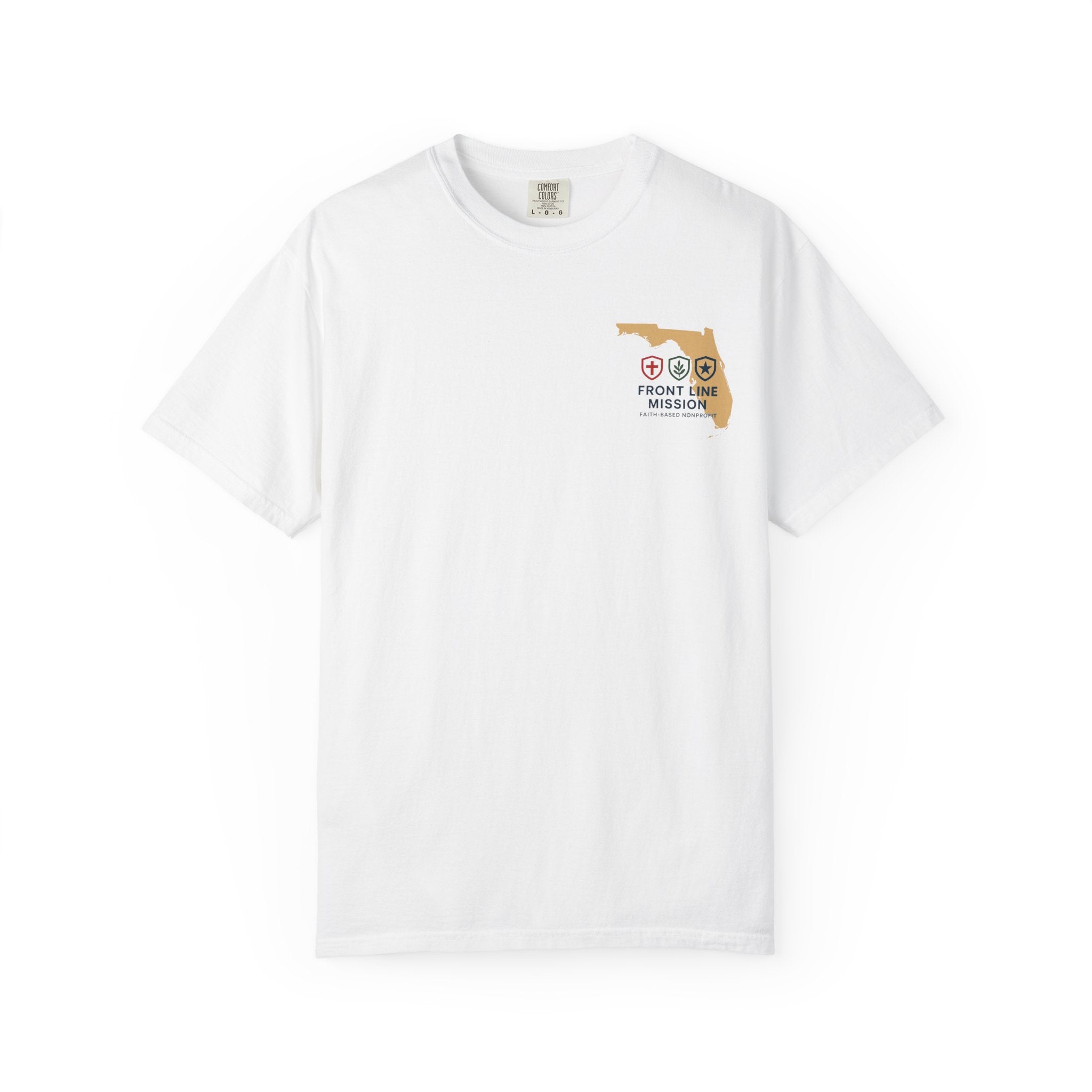Front Line Mission Christian T-Shirt — ‘Need Pray Tap My Shoulder’ Chest Logo
