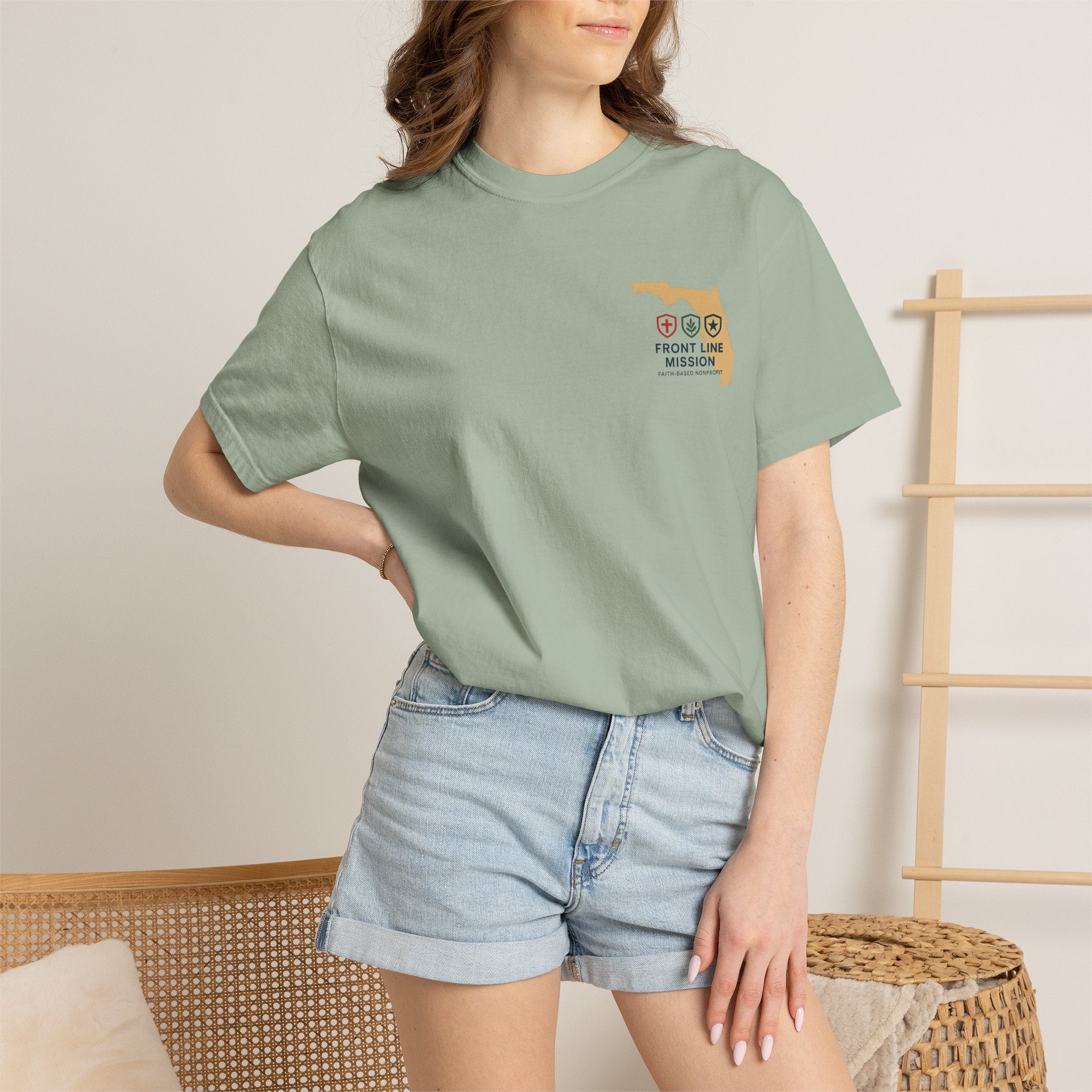 Front Line Mission Christian T-Shirt — ‘Need Pray Tap My Shoulder’ Chest Logo
