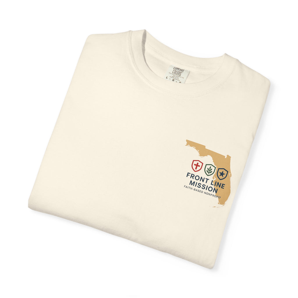 Front Line Mission Christian T-Shirt — ‘Need Pray Tap My Shoulder’ Chest Logo
