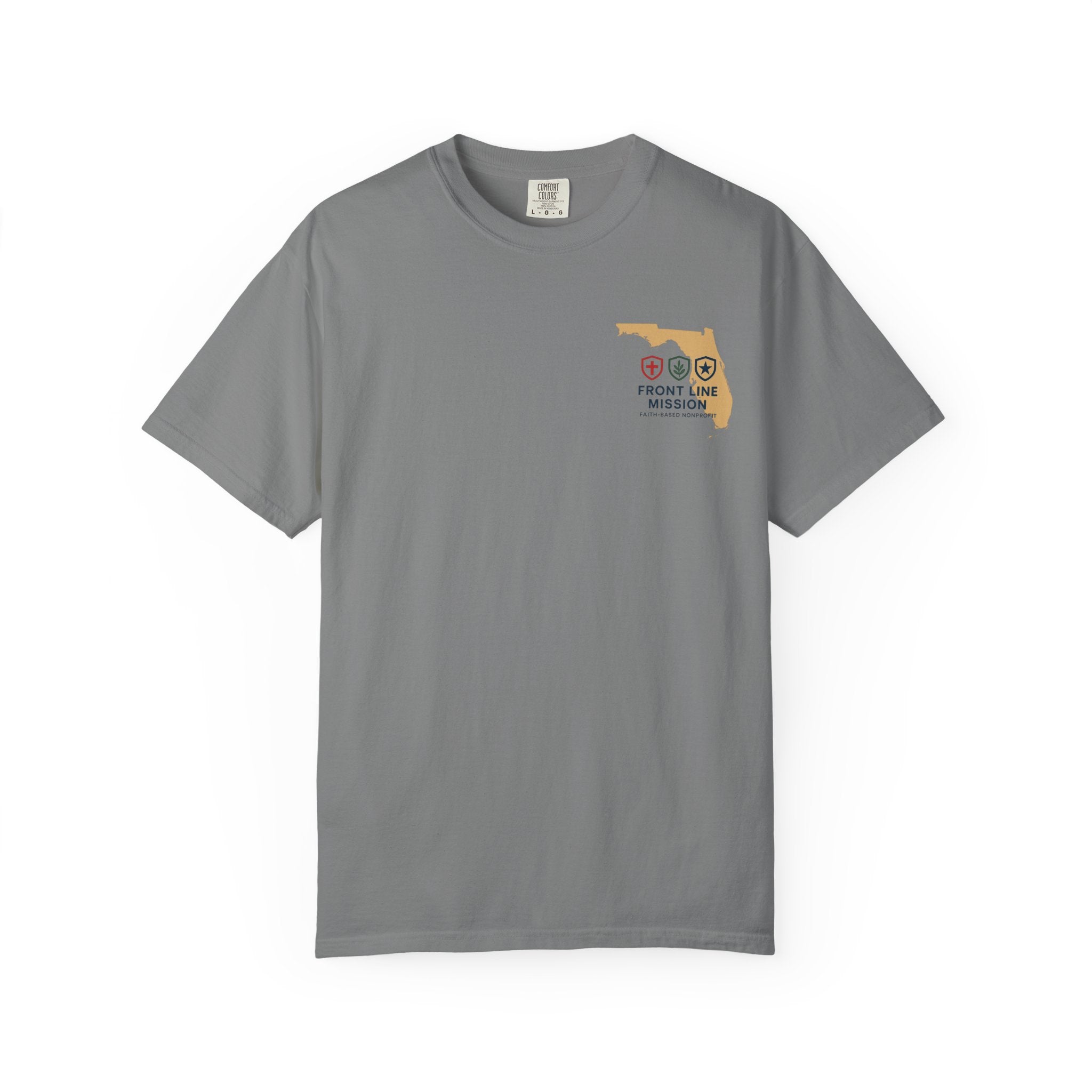 Front Line Mission Christian T-Shirt — ‘Need Pray Tap My Shoulder’ Chest Logo