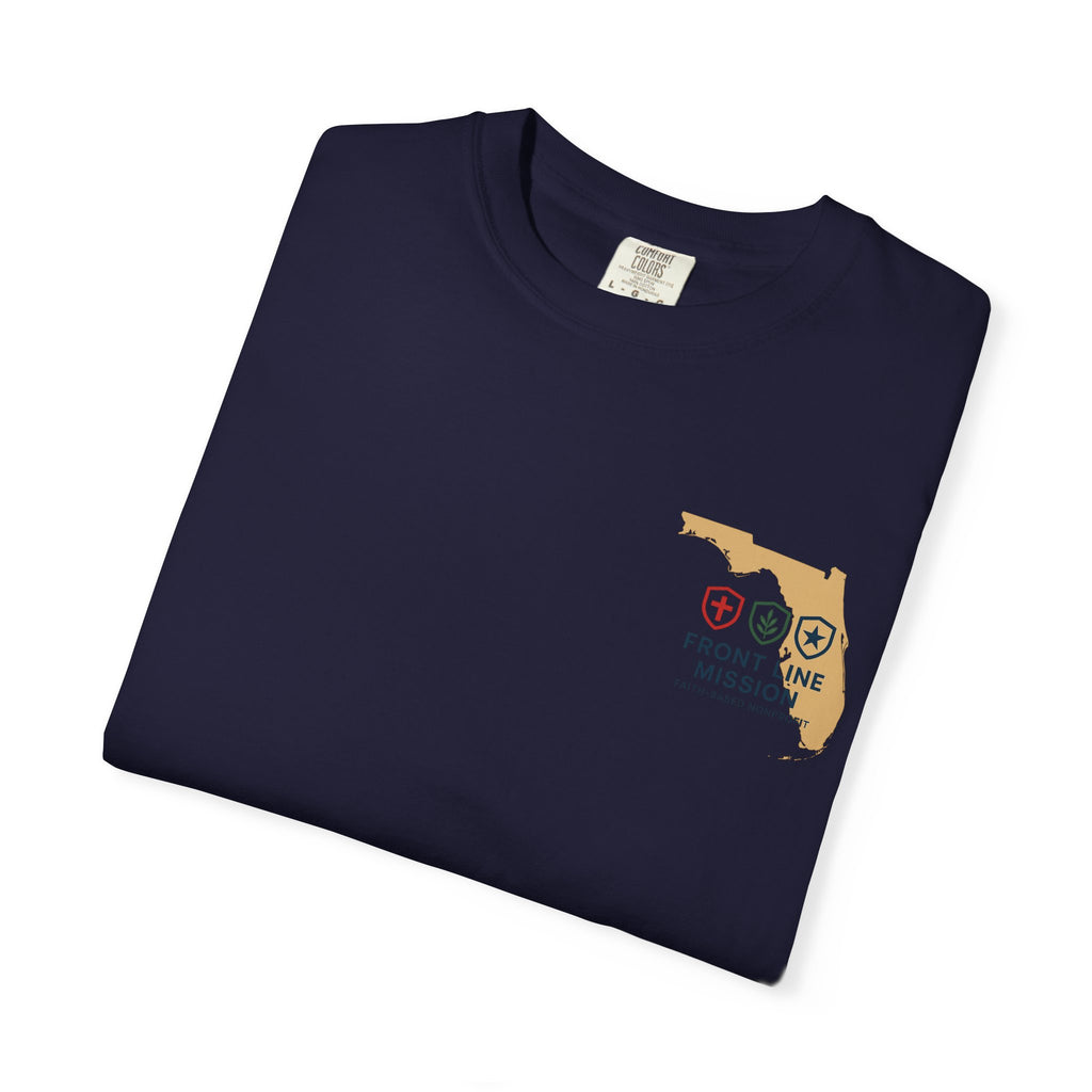 Front Line Mission Christian T-Shirt — ‘Need Pray Tap My Shoulder’ Chest Logo