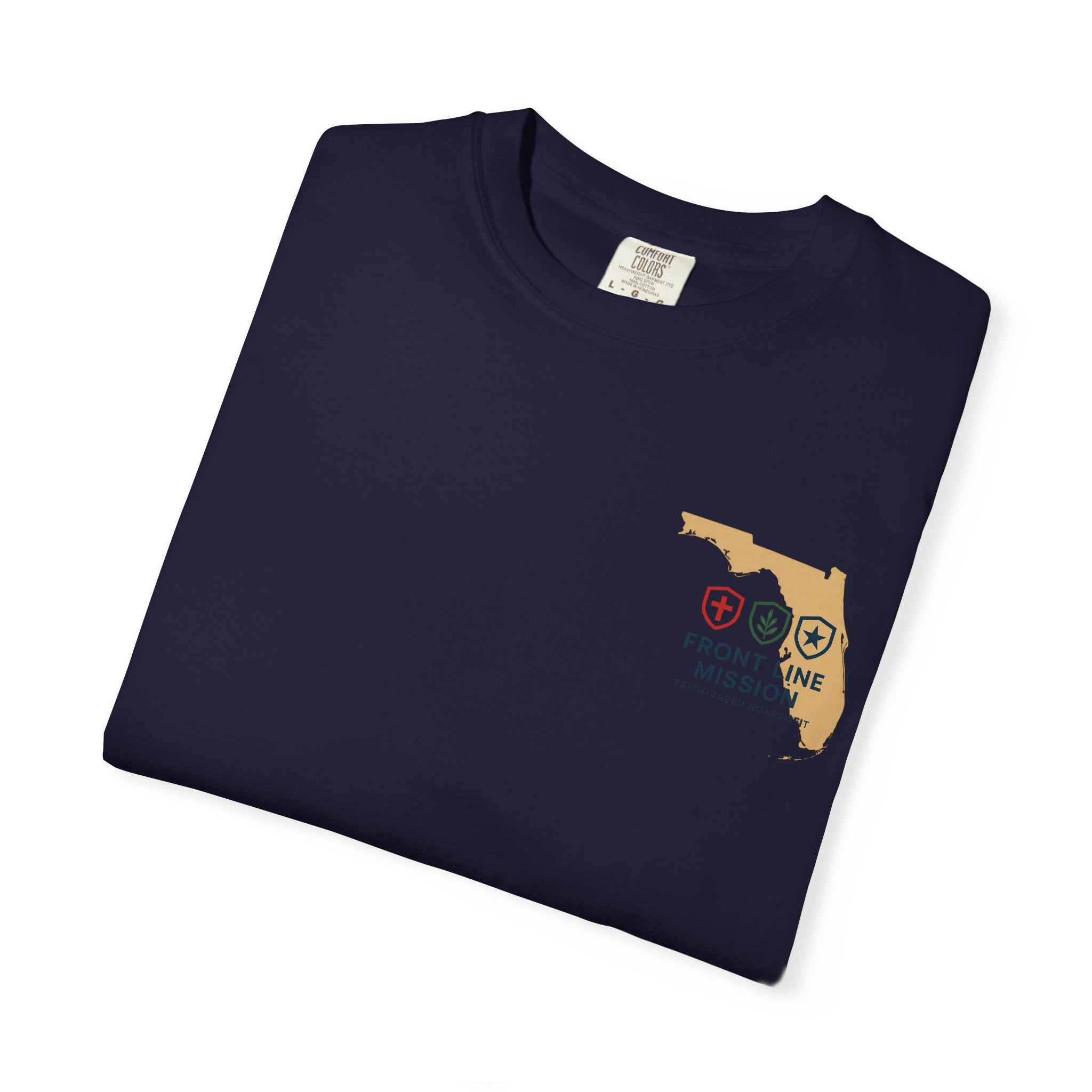Front Line Mission Christian T-Shirt — ‘Need Pray Tap My Shoulder’ Chest Logo