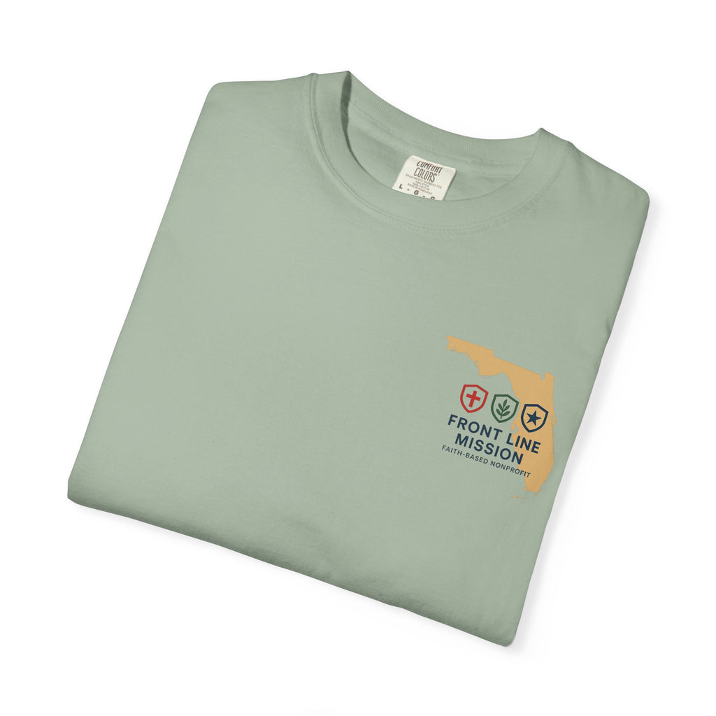 Front Line Mission Christian T-Shirt — ‘Need Pray Tap My Shoulder’ Chest Logo