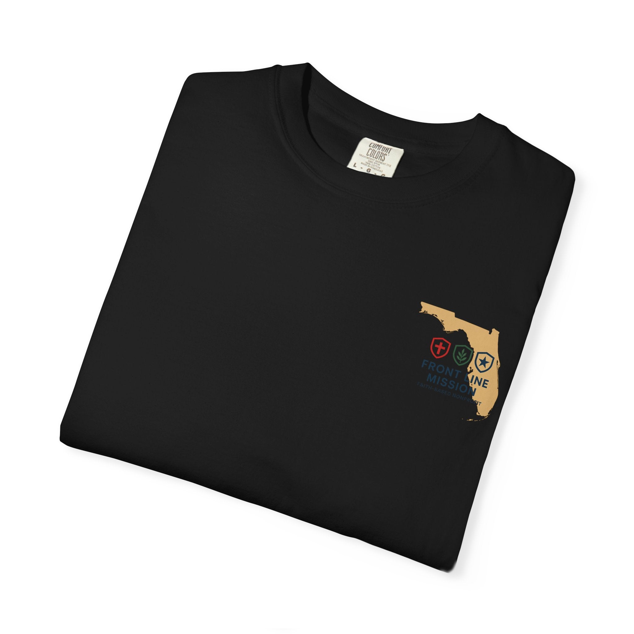 Front Line Mission Christian T-Shirt — ‘Need Pray Tap My Shoulder’ Chest Logo