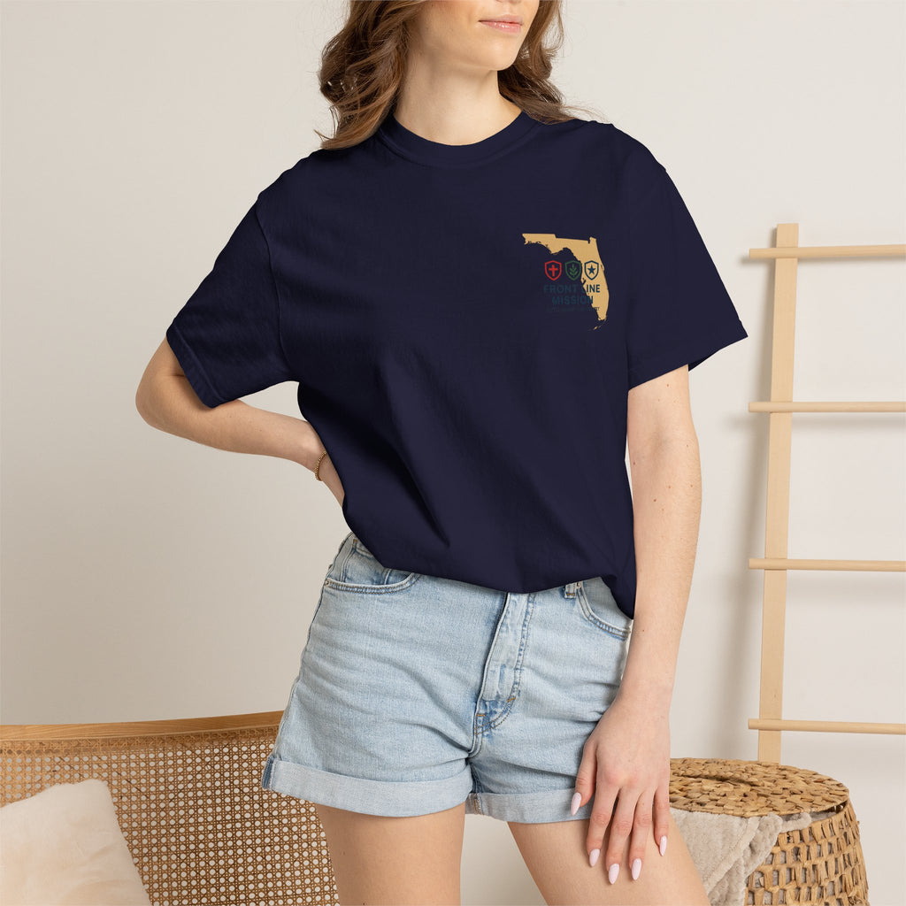 Front Line Mission Christian T-Shirt — ‘Need Pray Tap My Shoulder’ Chest Logo