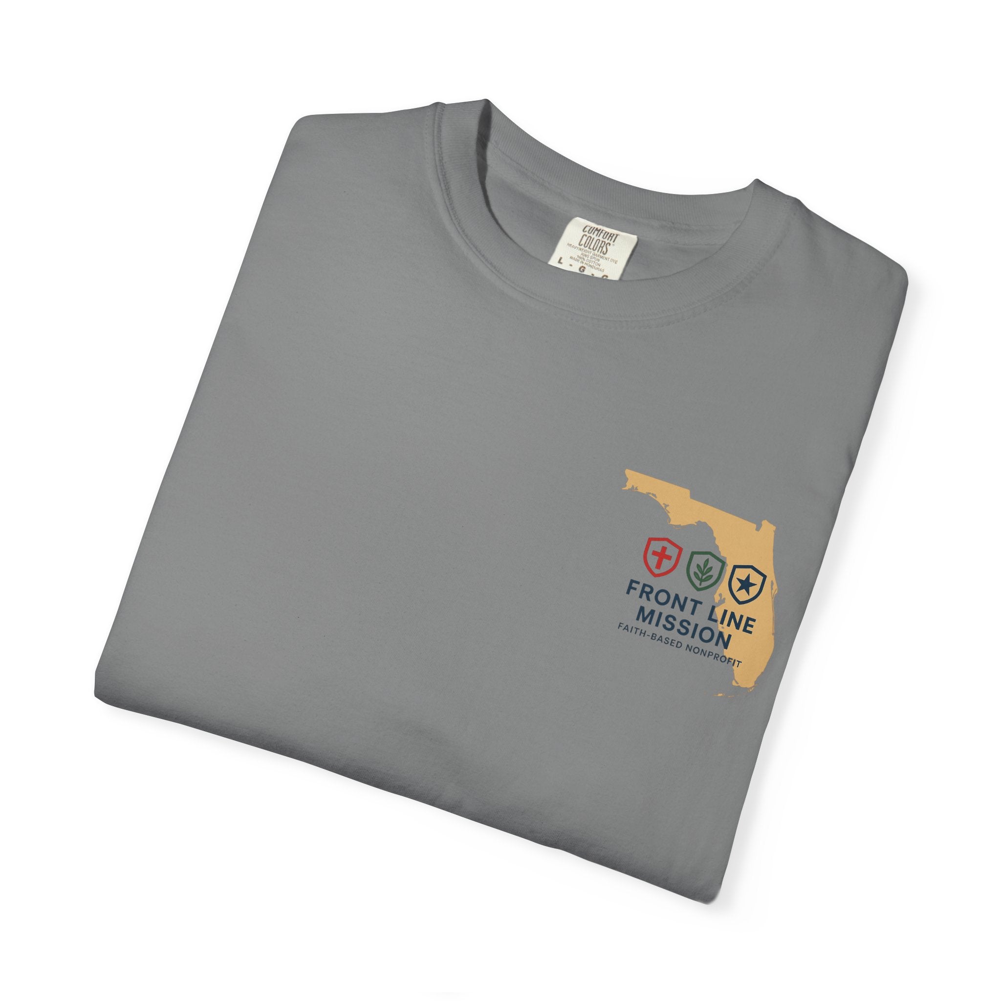 Front Line Mission Christian T-Shirt — ‘Need Pray Tap My Shoulder’ Chest Logo
