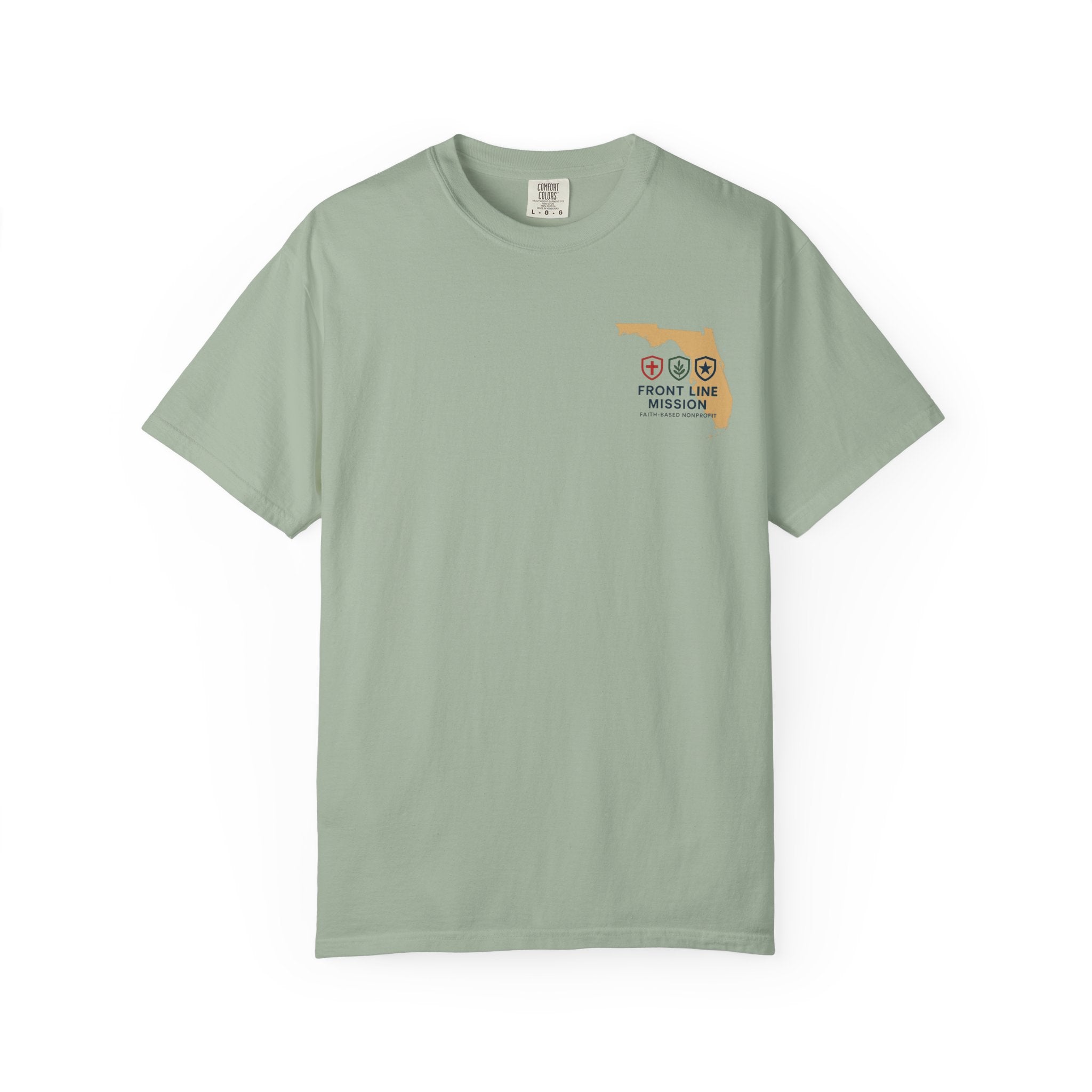 Front Line Mission Christian T-Shirt — ‘Need Pray Tap My Shoulder’ Chest Logo