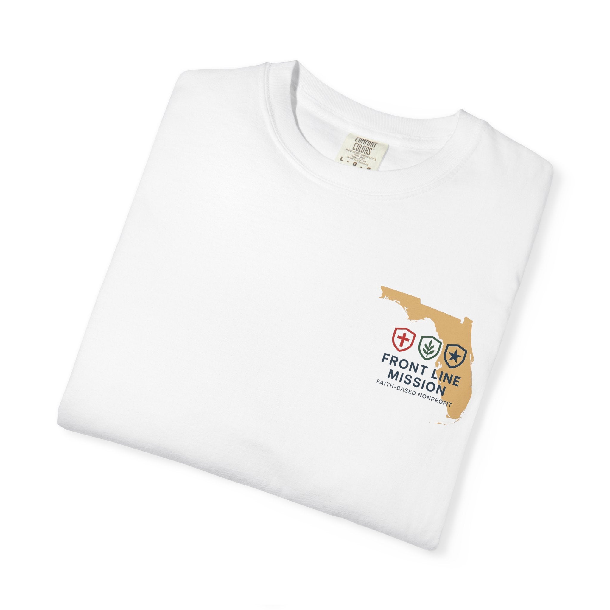 Front Line Mission Christian T-Shirt — ‘Need Pray Tap My Shoulder’ Chest Logo